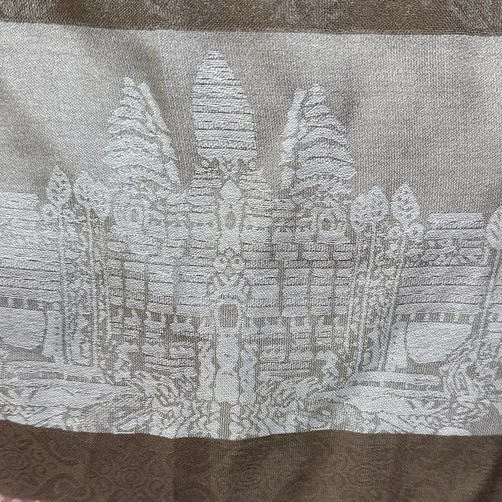 Elegant Pink and Brown Silk Striped Scarf with Angkor Wat Motif.